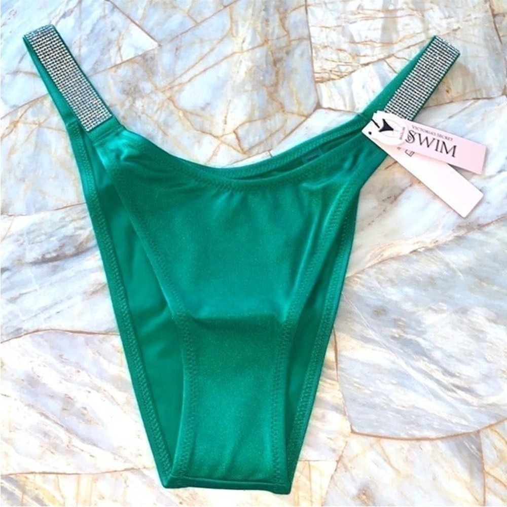 New Victorias Secret Swim BOMBSHELL BIKINI BOTTOM Silver Shine Strap Green XS